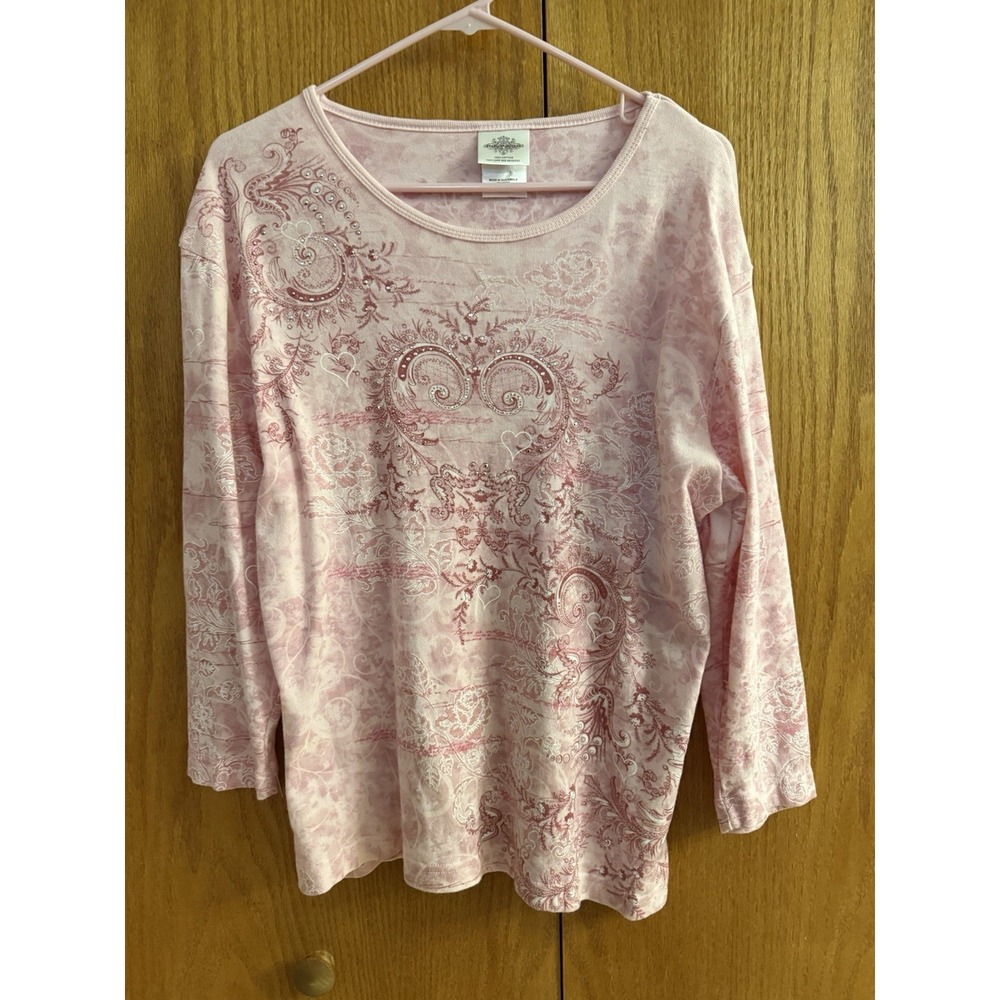 Vintage Y2K Floral Regency Heart Shirt Wms L Large Pink Gypsy Boho Bedazzled 90s